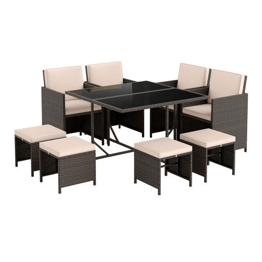 9 Piece Patio Dining Set with Tempered Glass Table and Ottoman-Beige