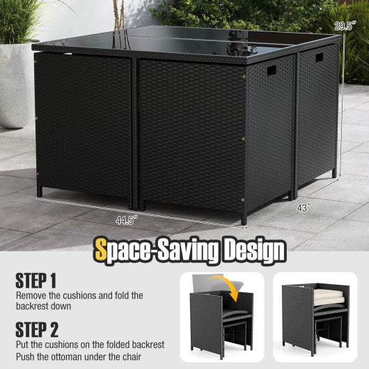 9 Piece Patio Dining Set with Tempered Glass Table and Ottoman-White