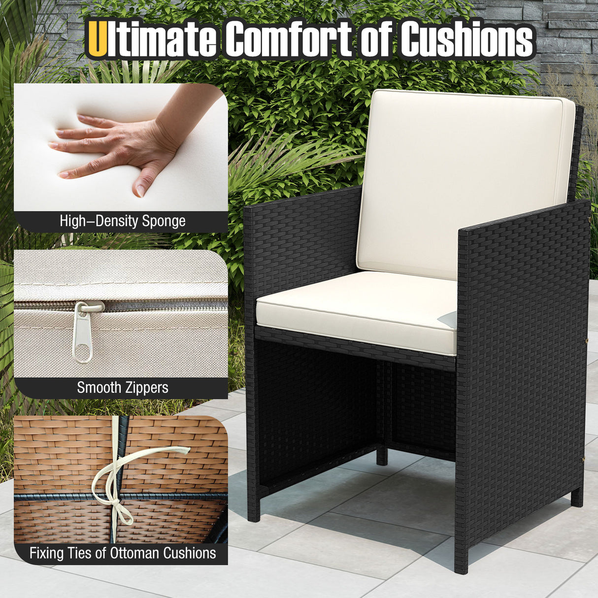 9 Piece Patio Dining Set with Tempered Glass Table and Ottoman-White