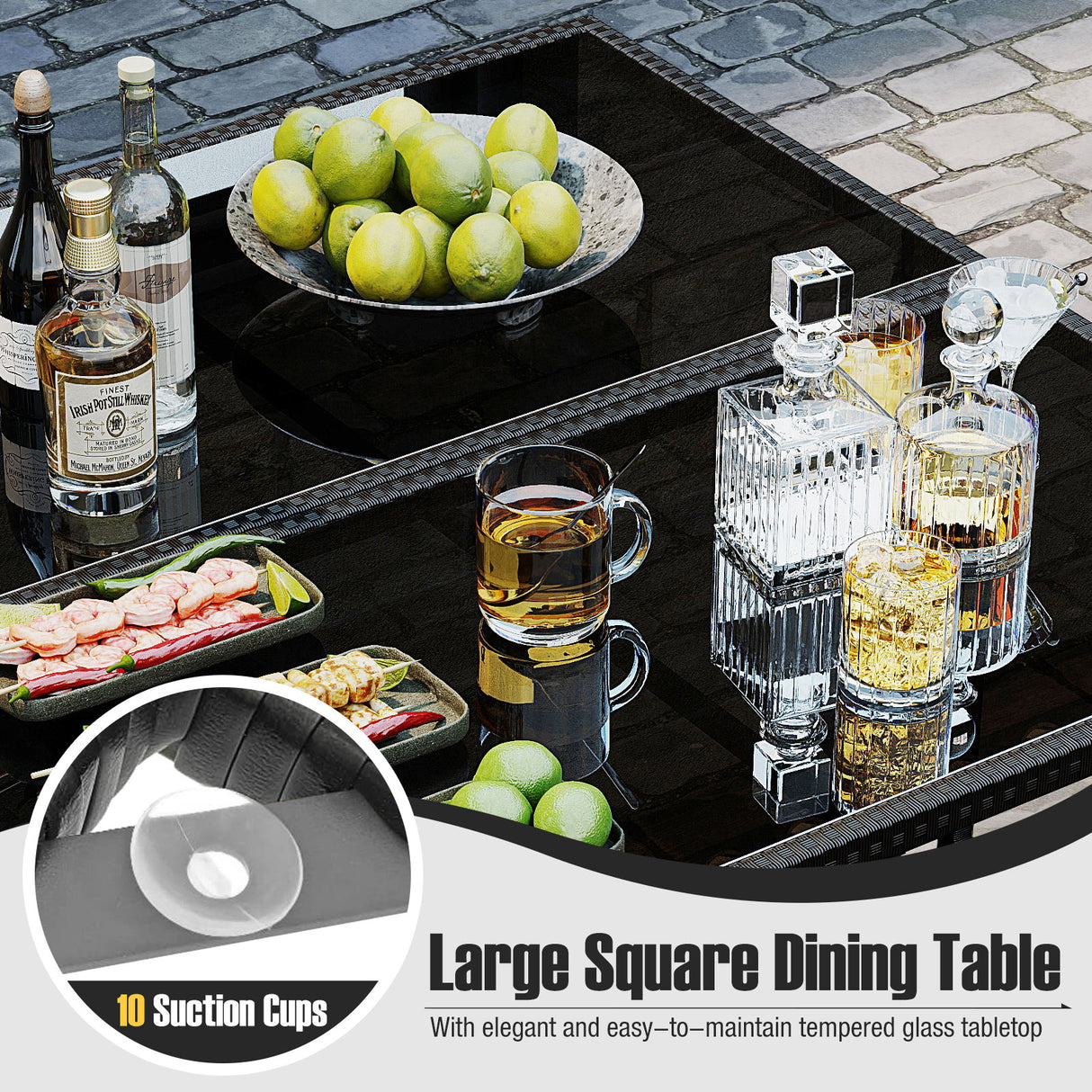 9 Piece Patio Dining Set with Tempered Glass Table and Ottoman-White
