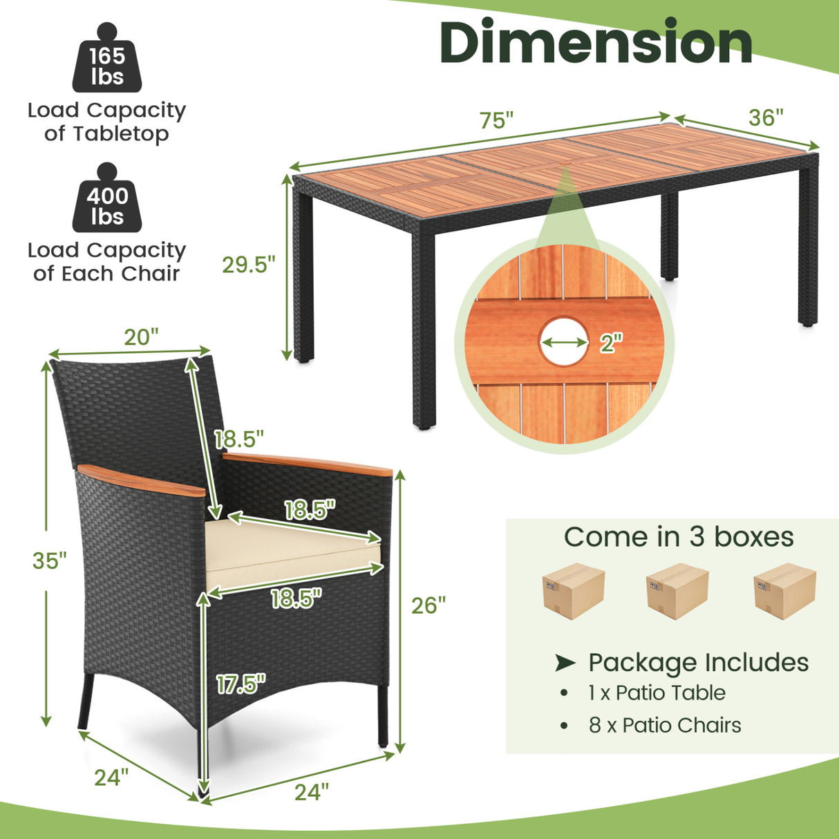 9 Pieces Outdoor Dining Set with Acacia Wood Tabletop