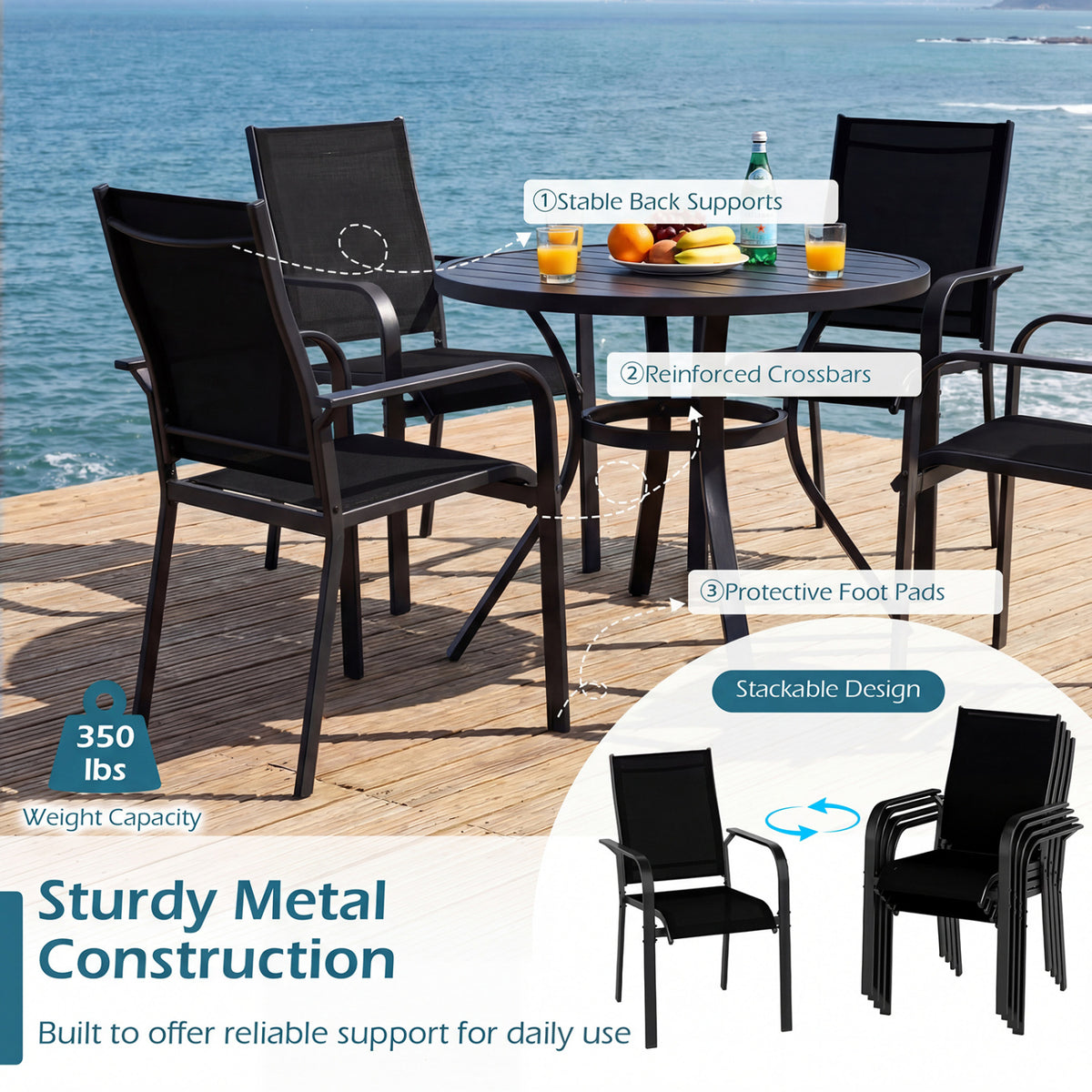 9 Pieces Patio Dining Set for 8 Stackable Chairs and Outdoor Rectangular Table-Black