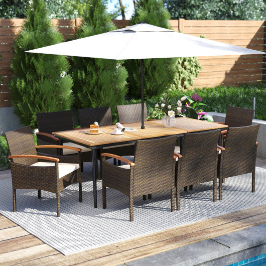 9 Pieces Patio PE Wicker Dining Set with Cushions and Umbrella Hole