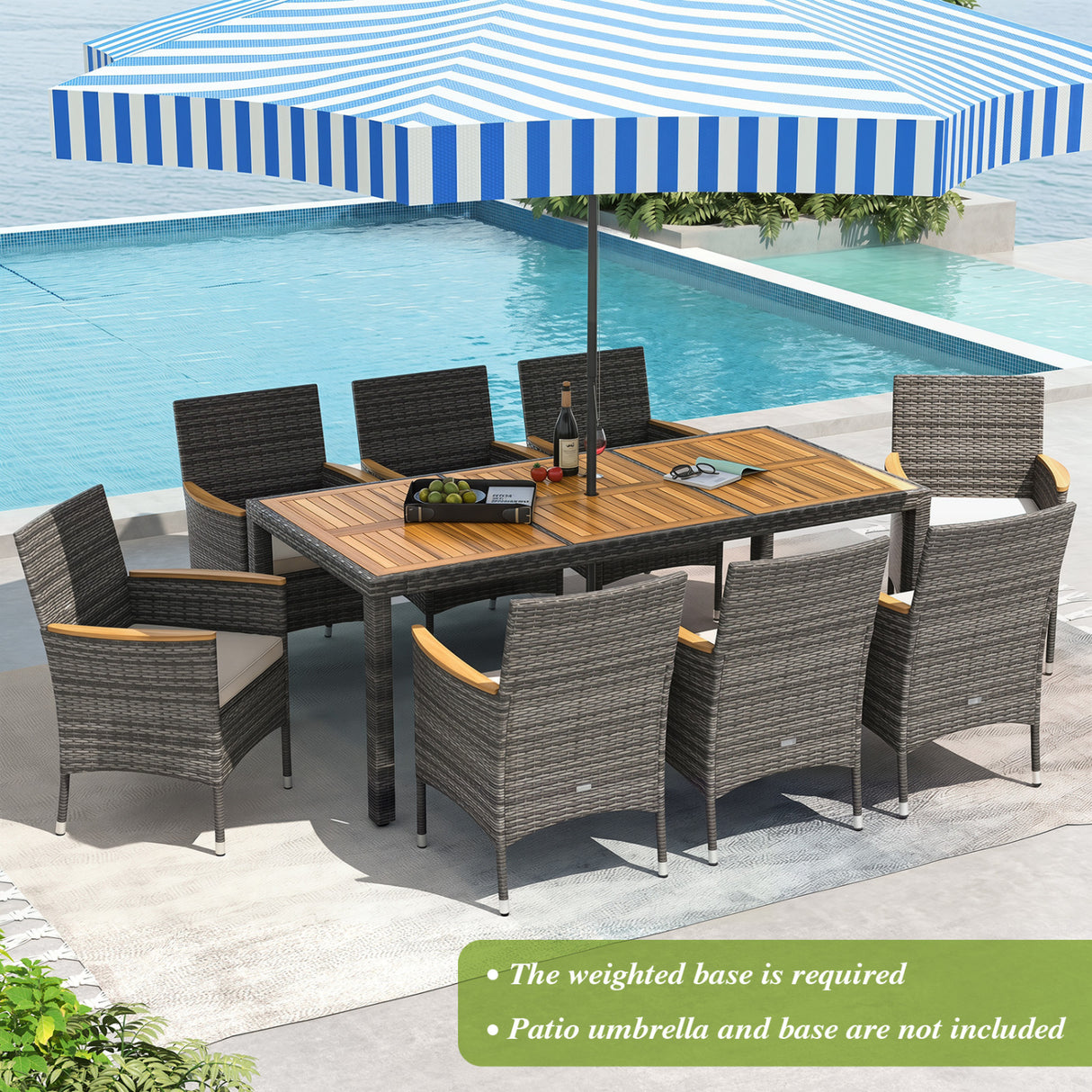 9 Pieces Rattan Patio Dining Set with Acacia Wood Table and Cushioned Chair