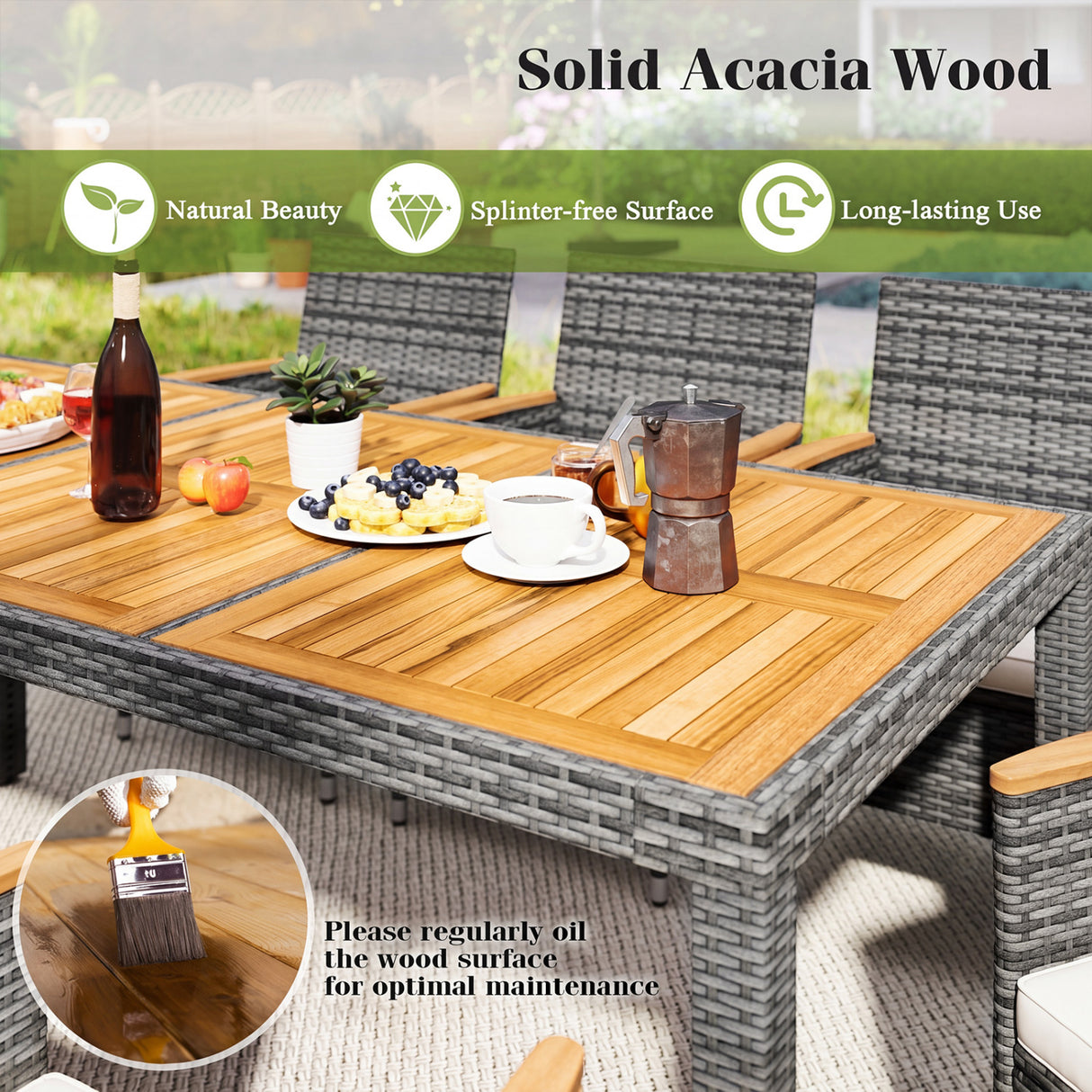 9 Pieces Rattan Patio Dining Set with Acacia Wood Table and Cushioned Chair