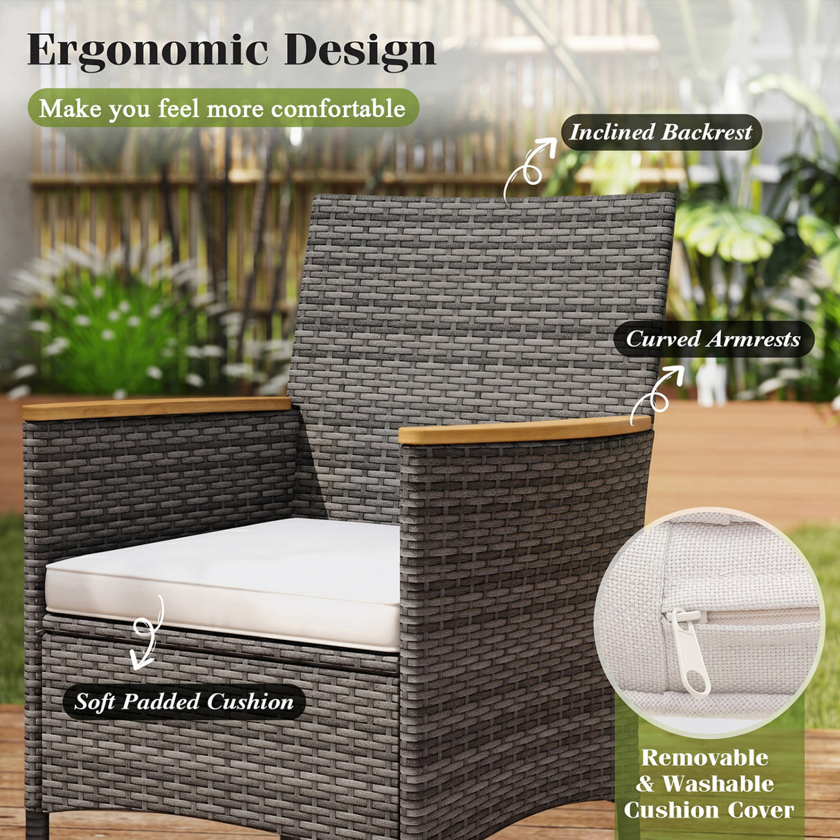 9 Pieces Rattan Patio Dining Set with Acacia Wood Table and Cushioned Chair