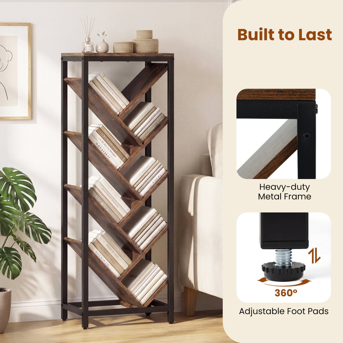 9-Tier Freestanding Bookcase for Hardcover Books-Rustic Brown