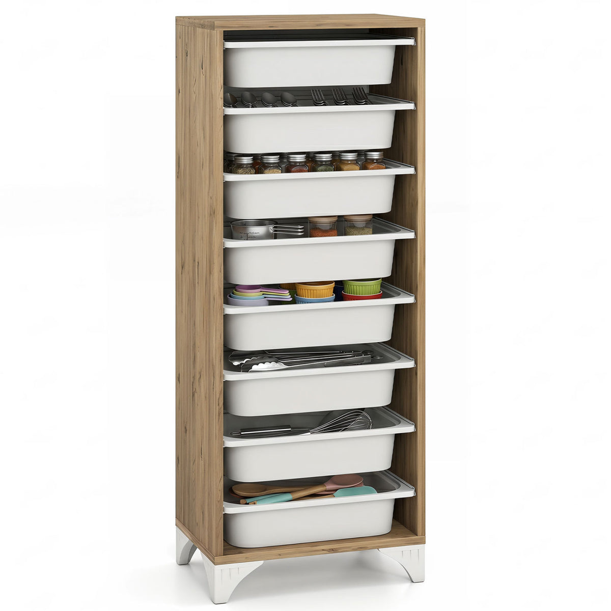 9-Tier Fruit and Vegetable Storage Rack Freestanding Wooden Pantry Organizer Cabinet