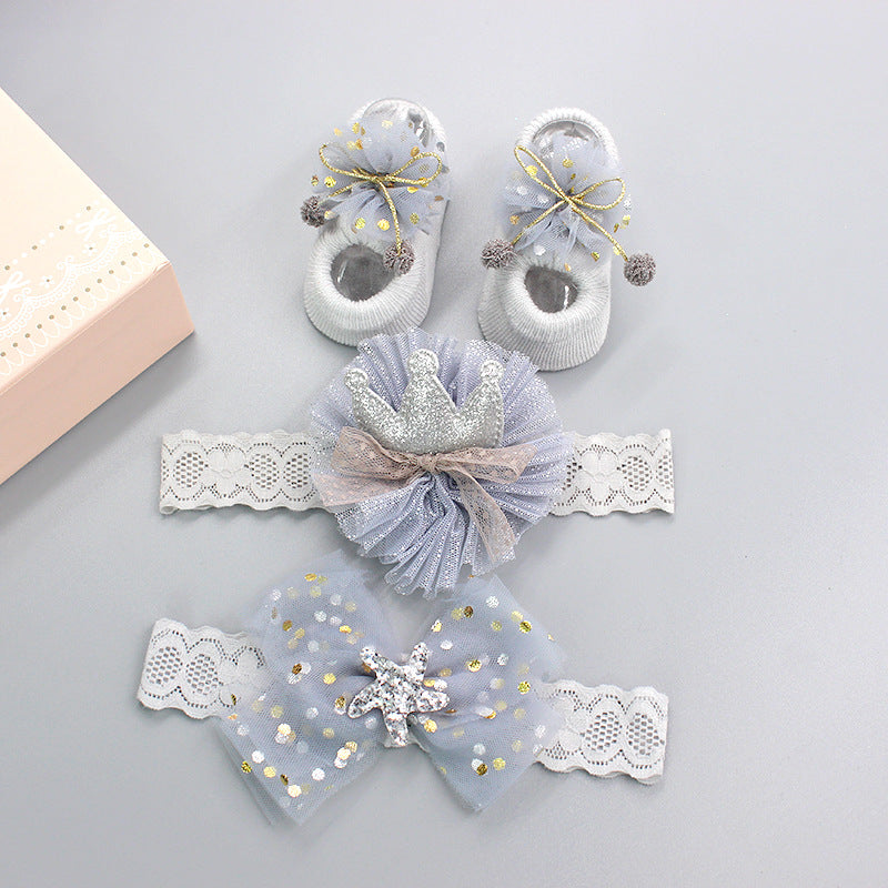 Flower Baby Girl Headband Socks Set Shoes With Crown Bows Newborn Headbands For Girls Turban Baby Hair Accessories