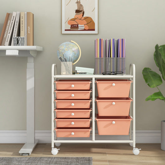 9-Drawer Rolling Storage Cart with Colorful Drawers and Metal Frame-Peach