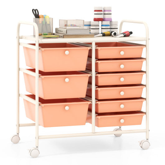 9-Drawer Rolling Storage Cart with Colorful Drawers and Metal Frame-Peach