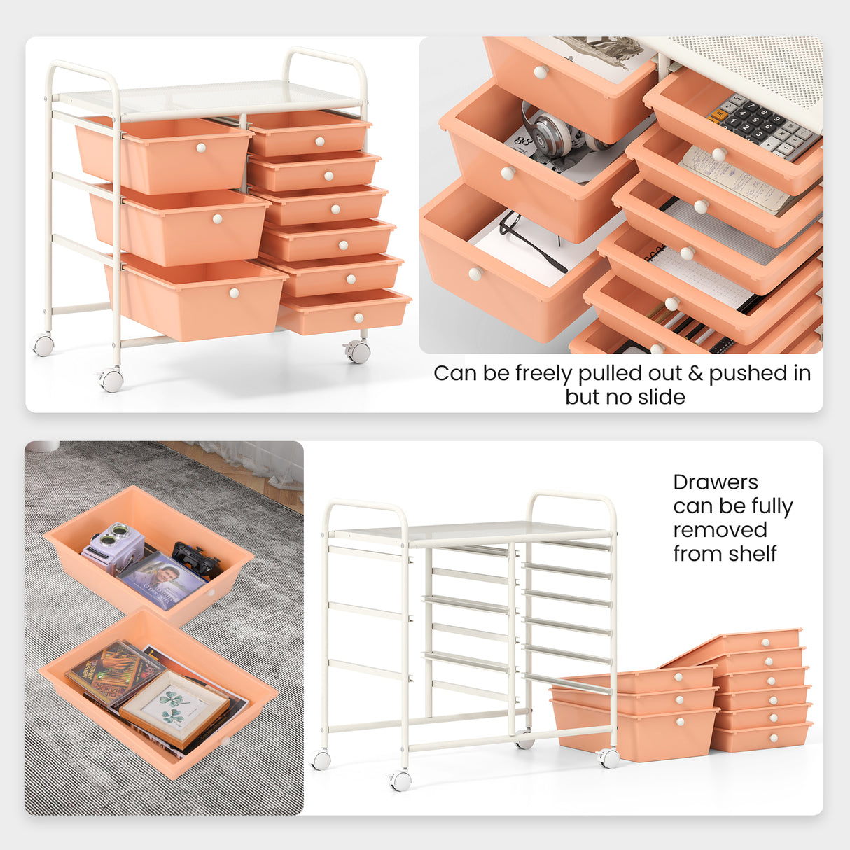 9-Drawer Rolling Storage Cart with Colorful Drawers and Metal Frame-Peach