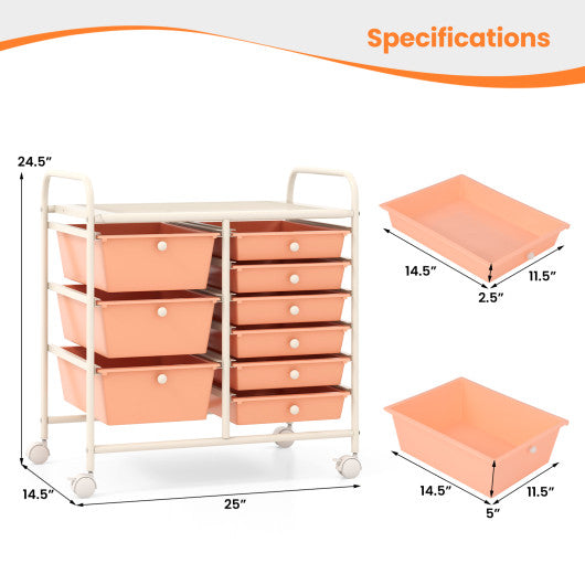 9-Drawer Rolling Storage Cart with Colorful Drawers and Metal Frame-Peach