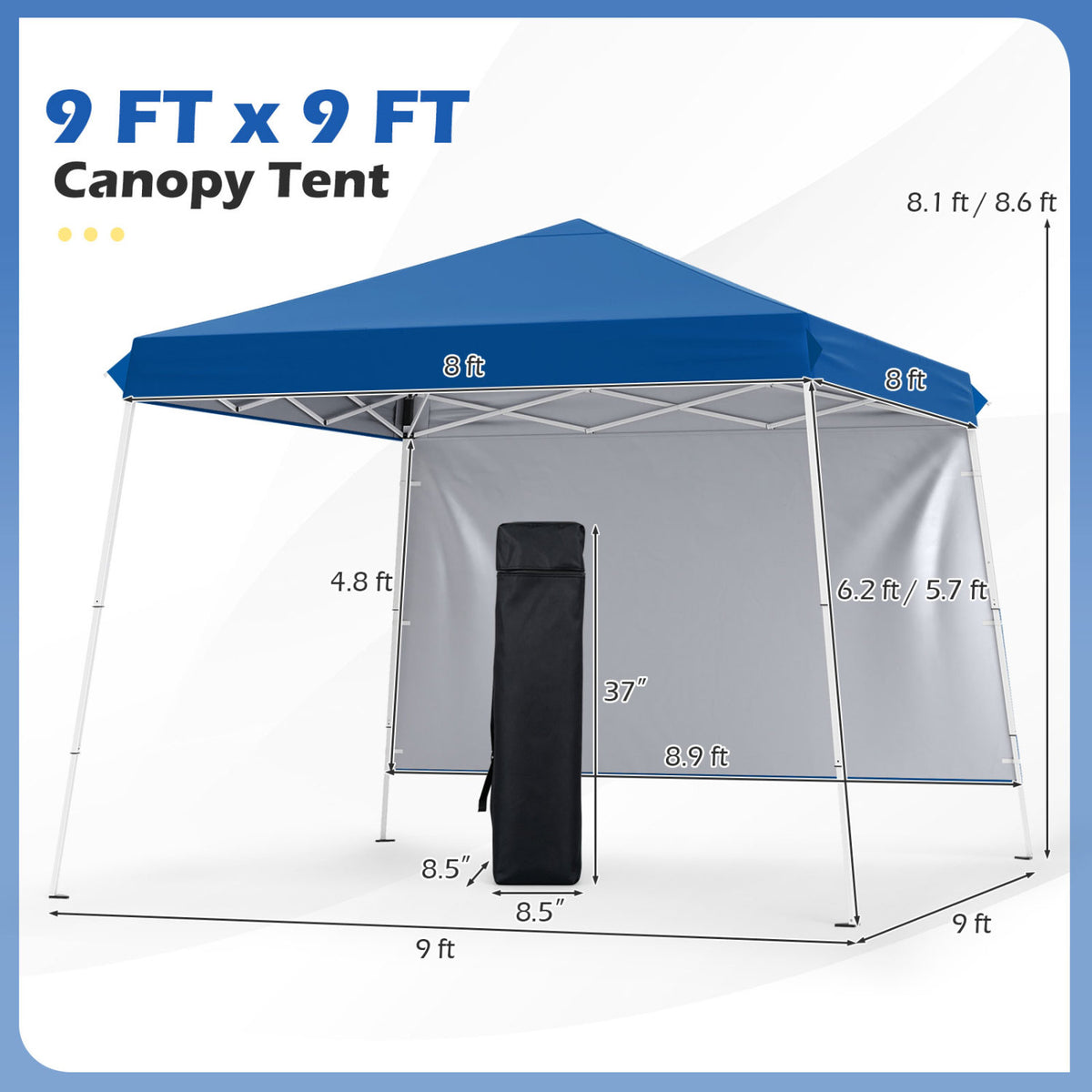 9 ft x 9 ft Pop Up Canopy Tent with 8 Ground Stakes 4 Wind Ropes and Carry Bag for Outdoor Party-Blue