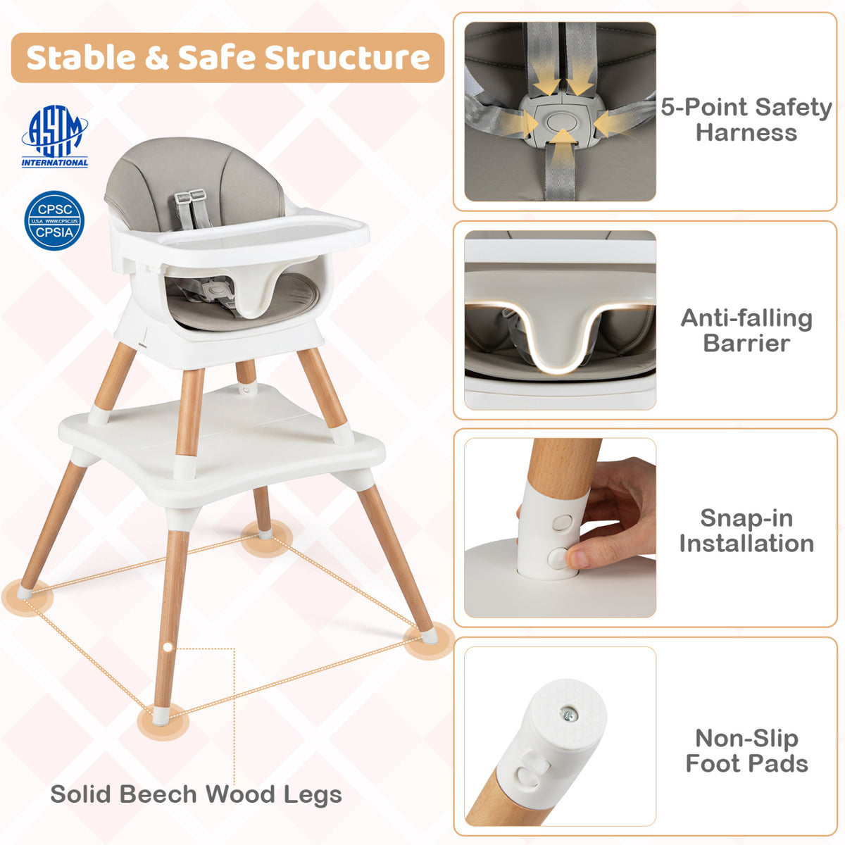 9-in-1 Convertible High Chair with Solid Wood Legs for Babies and Toddlers-White