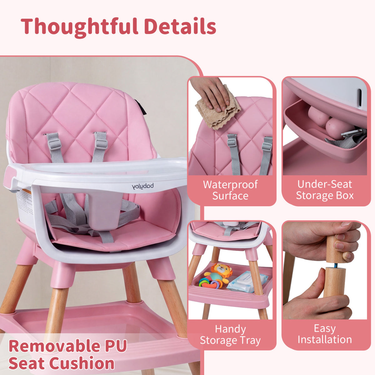 9-in-1 Convertible High Chair for Babies and Toddlers with Seat Cushion-Pink