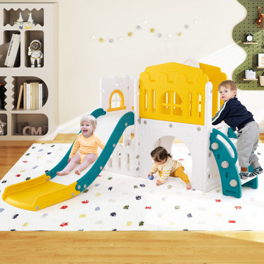 9-in-1 Toddler Slide L-Shaped with Basketball Hoop and Steering Wheel-Yellow