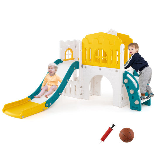 9-in-1 Toddler Slide L-Shaped with Basketball Hoop and Steering Wheel-Yellow