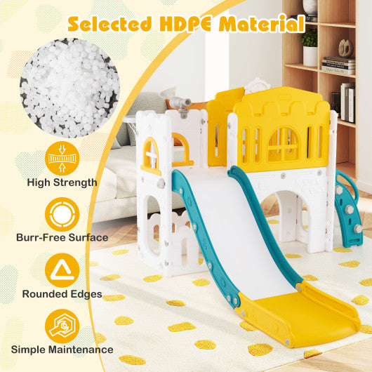 9-in-1 Toddler Slide L-Shaped with Basketball Hoop and Steering Wheel-Yellow