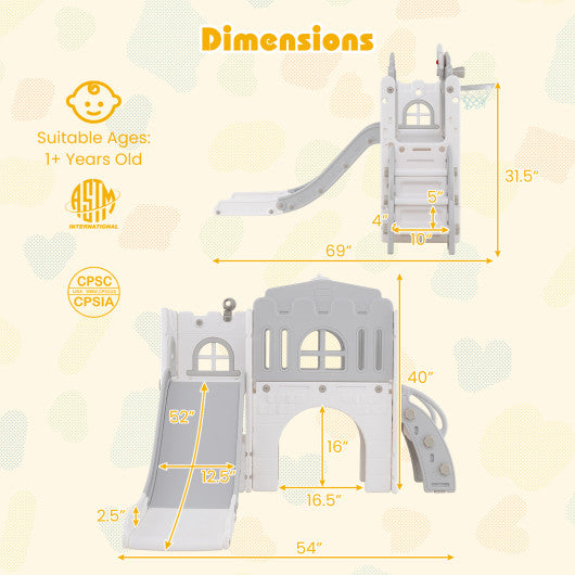 9-in-1 Toddler Slide L-Shaped with Basketball Hoop and Steering Wheel-Gray