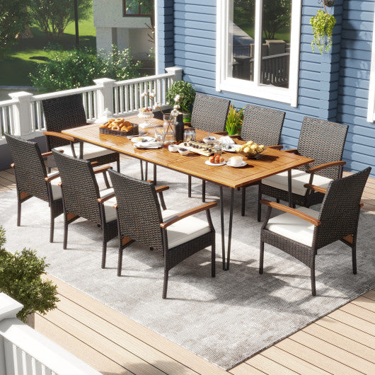 9 Pieces Outdoor Patio Dining Set with Acacia Wood Square Table and Umbrella Hole