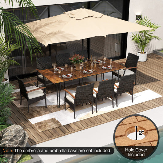 9 Pieces Outdoor Patio Dining Set with Acacia Wood Square Table and Umbrella Hole