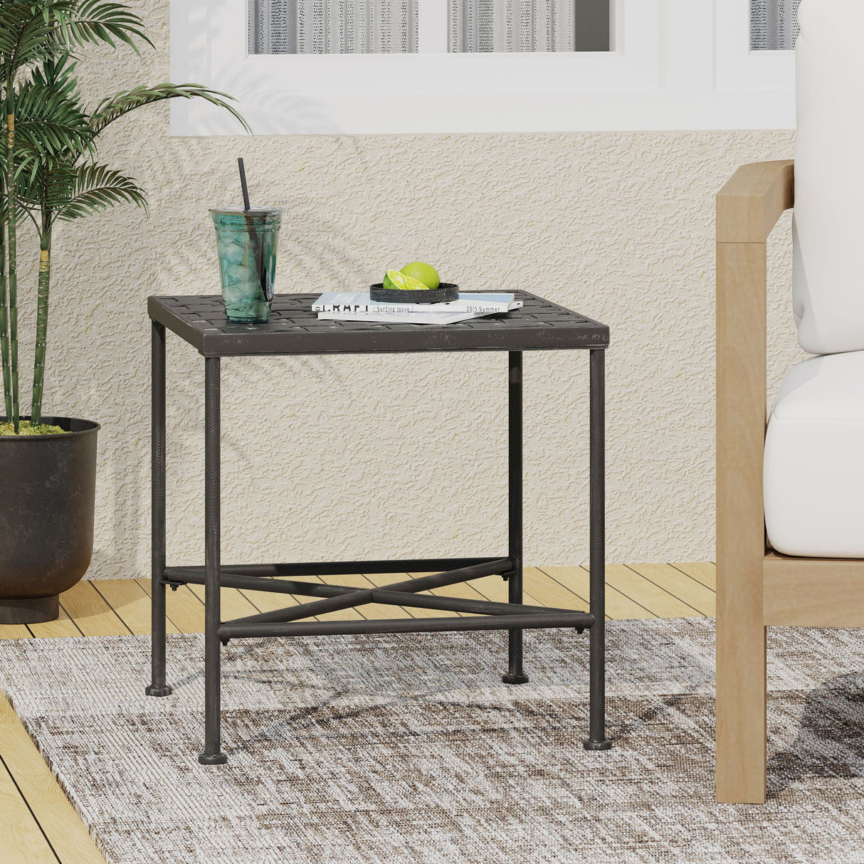 Outdoor Square Side Table With X Shaped Iron Frame - Black by Couch.com
