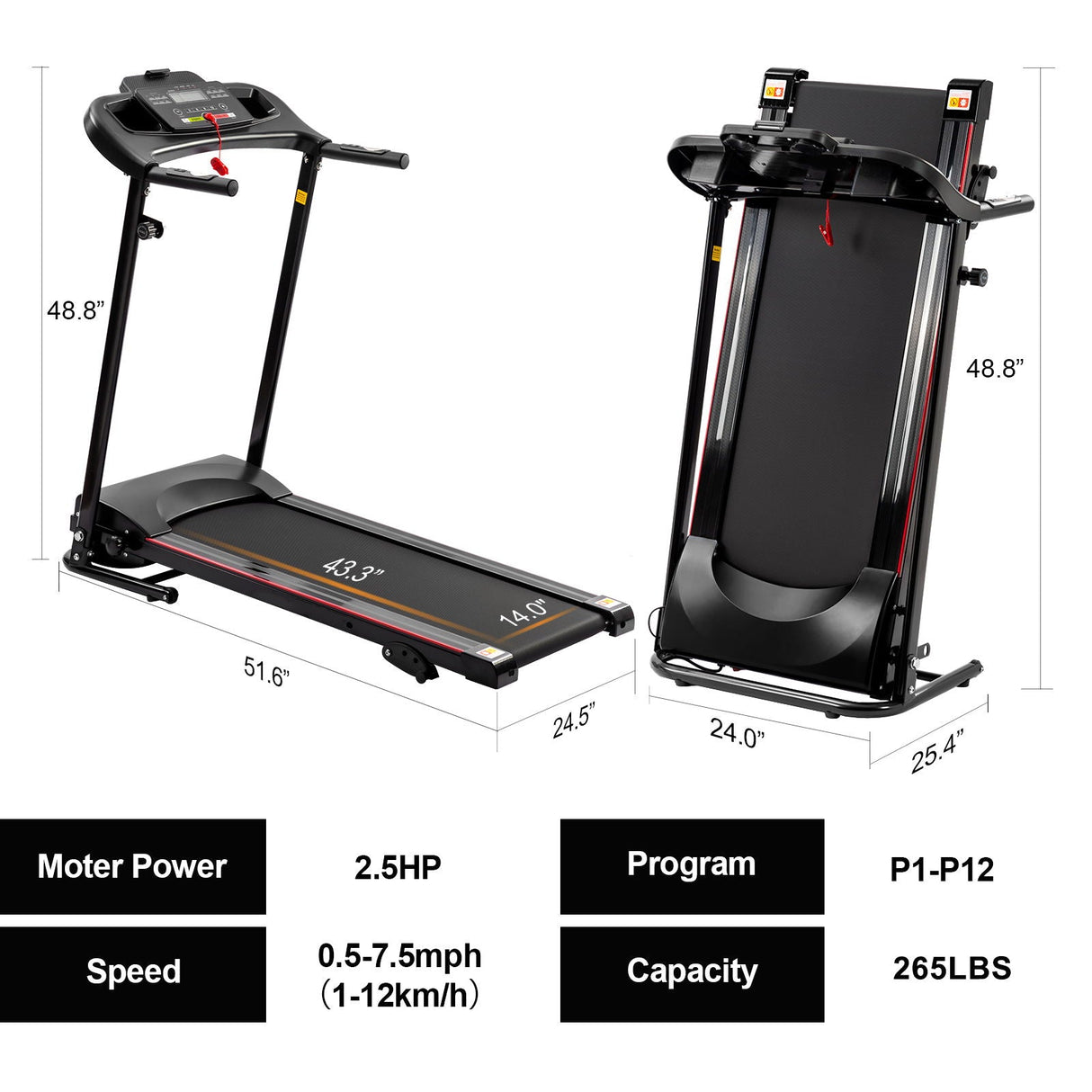 Folding Treadmill With Incline 2.5Hp 12Km / H Electric Treadmill For Home Foldable, Bluetooth Music Cup Holder Heart Rate Sensor Walking Running Machine For Indoor Home Gym Exercise Fitness - Black by Couch.com