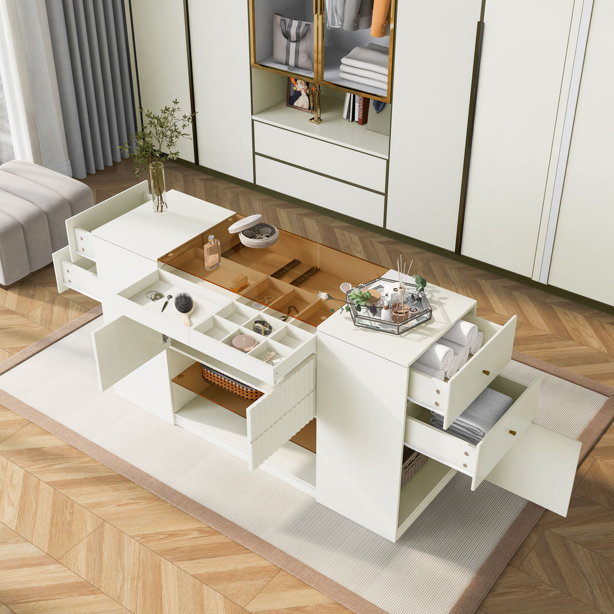Modern Luxury Multi-Functional Island Vanity Dresser And Storage Cabinet With Glass Tabletop, Display Shelf, 6 Drawers For Walk In Wardrobe And Bedroom - Cream White by Couch.com