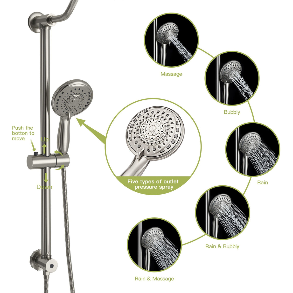 Shower System With 5 Function Rain Hand Shower And Slide Bar Combo