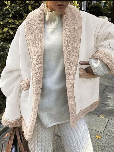 Fuzzy Collared Neck Long Sleeve Jacket with Buttoned Closure and Cozy Pockets