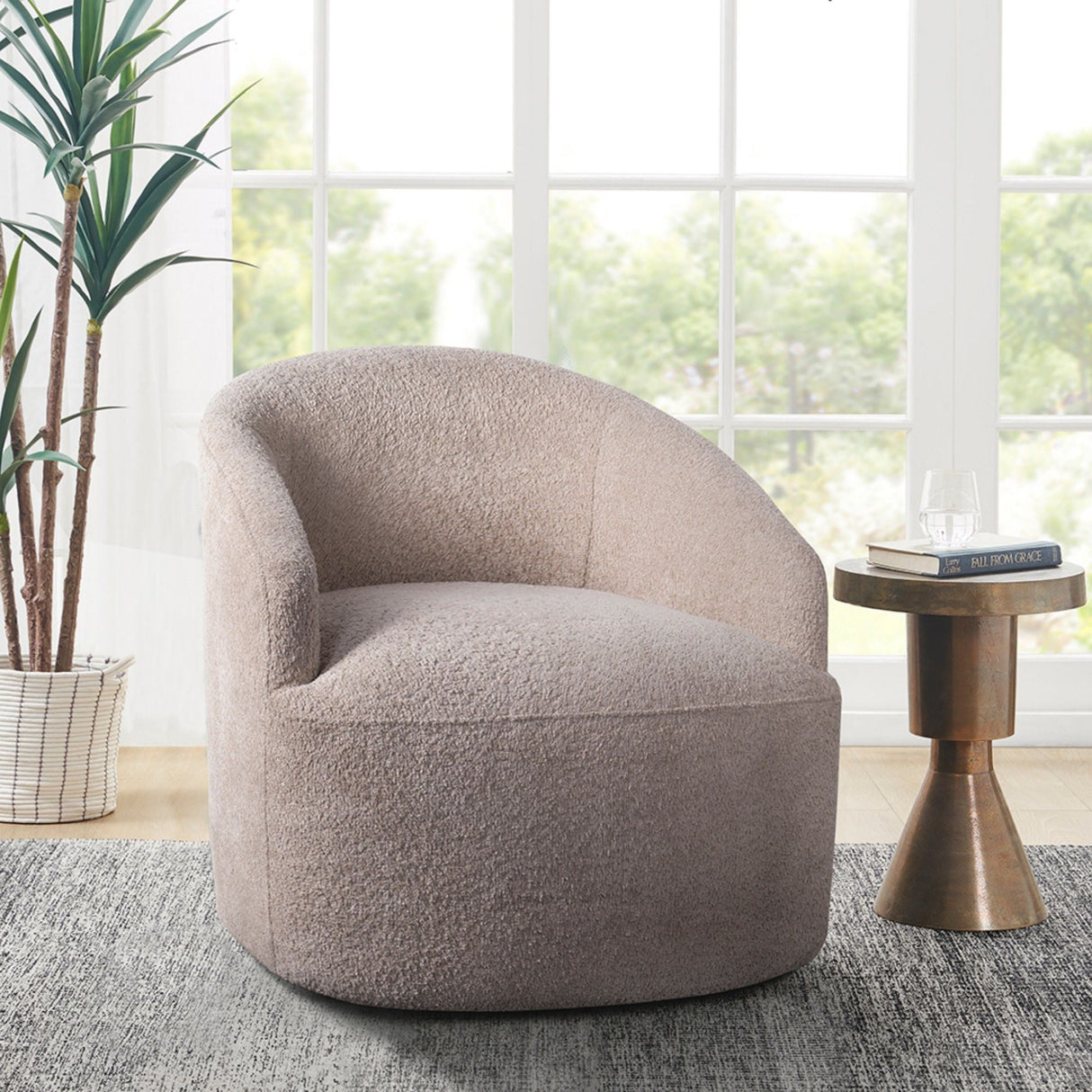 Modern Upholstered 360 Degree Swivel Chair Faux Fabric Solid Wood Frame - Beige by Couch.com