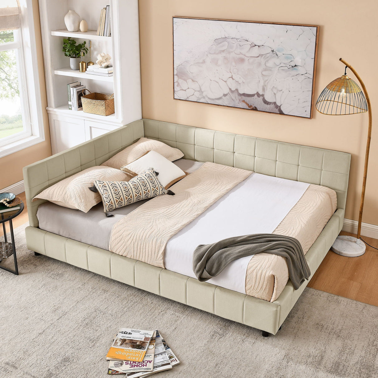 Mid-Century Storage Upholstered Tufted Bed Frame with Backrest and Armrests