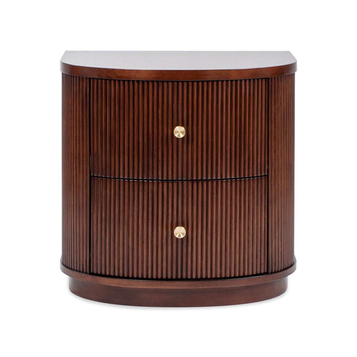 The Valentine 2 Drawer Storage Side Table is a rounded wooden nightstand with a dark brown finish and vertical grooves. It features two drawers, each with a simple round gold knob, offering a sleek and modern design.