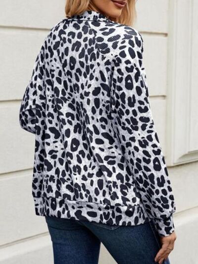 Modern Full Size Leopard Black White Collared Neck Zip Up Jacket Stylish & Comfortable Everyday Wear