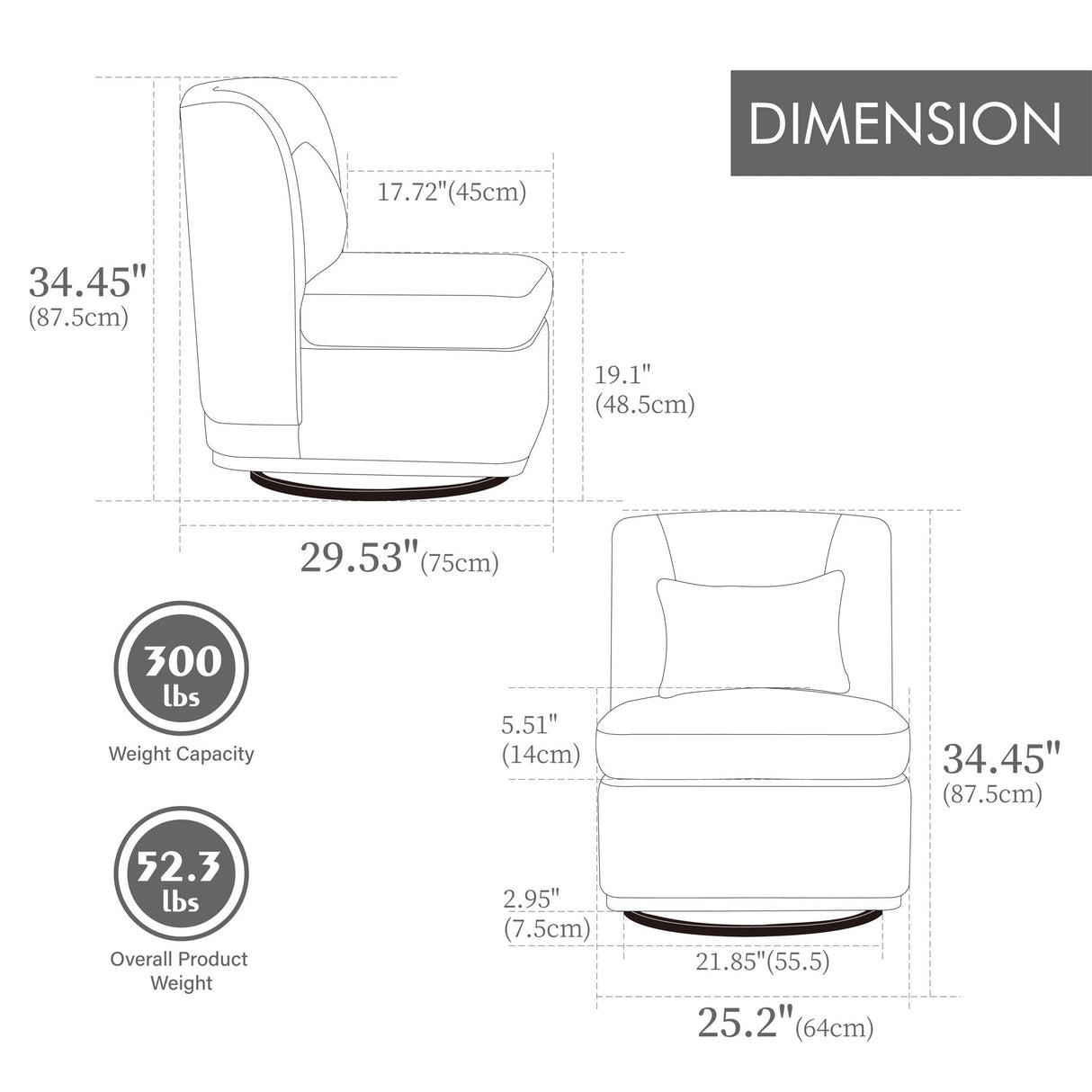 Wide Modern Chenille Cushioned Armless Metal Base 360° Swivel Chair With Pillow by Couch.com