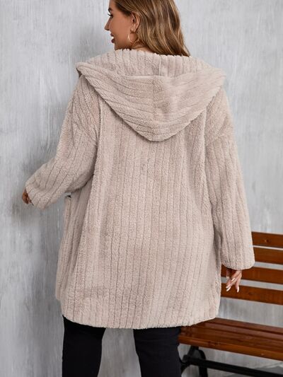Women Plus Size Hooded Open Front Fuzzy Jacket With Long Sleeves Elegant And Comfortable Jacket