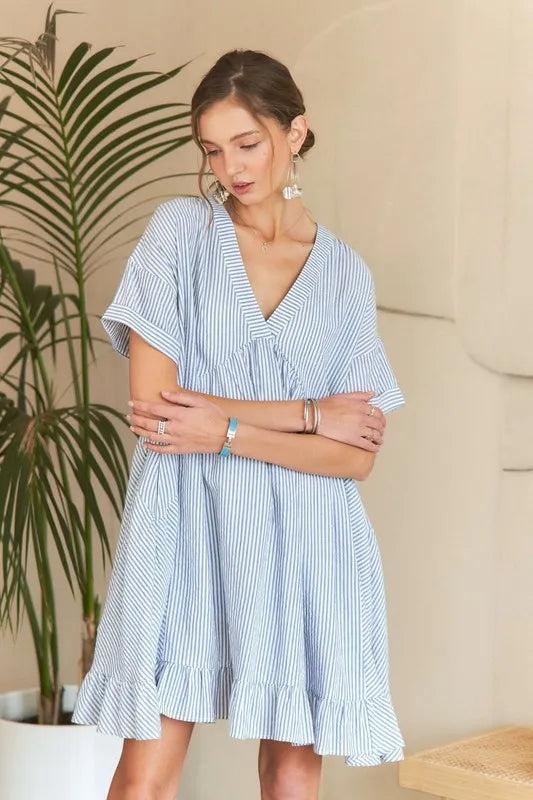 Ruffled Hem Striped V-Neck Babydoll Dress For Summer – Playful, Feminine, Fluttering, Stylish, Effortlessly Chic