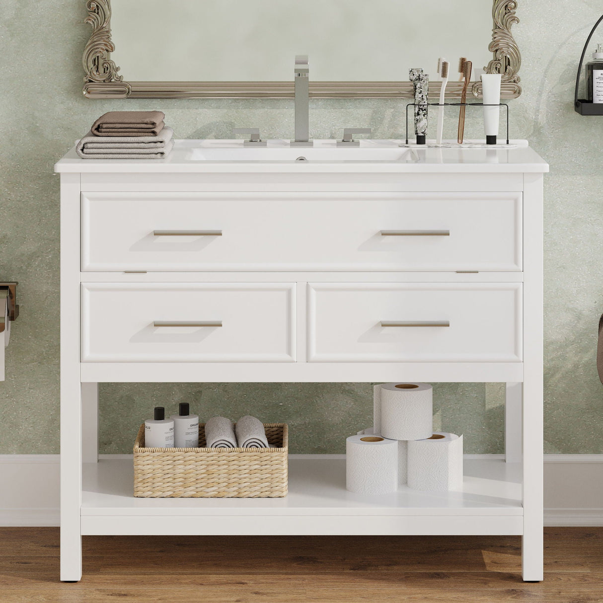 Bathroom Vanity With Ceramic Sink, Tip Out Tray & 2 Full Extension Drawers