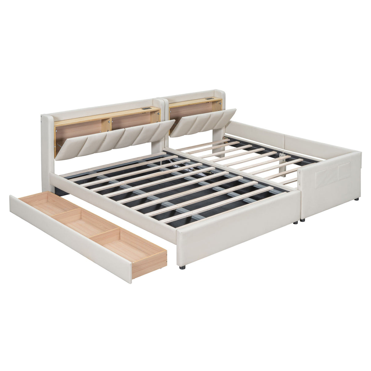 Upholstered Mother & Child Bed With Hydraulic Storage System, Drawer Box, Bedhead Storage Shelf And 2 Pairs Of Sockets & USB Ports by Couch.com