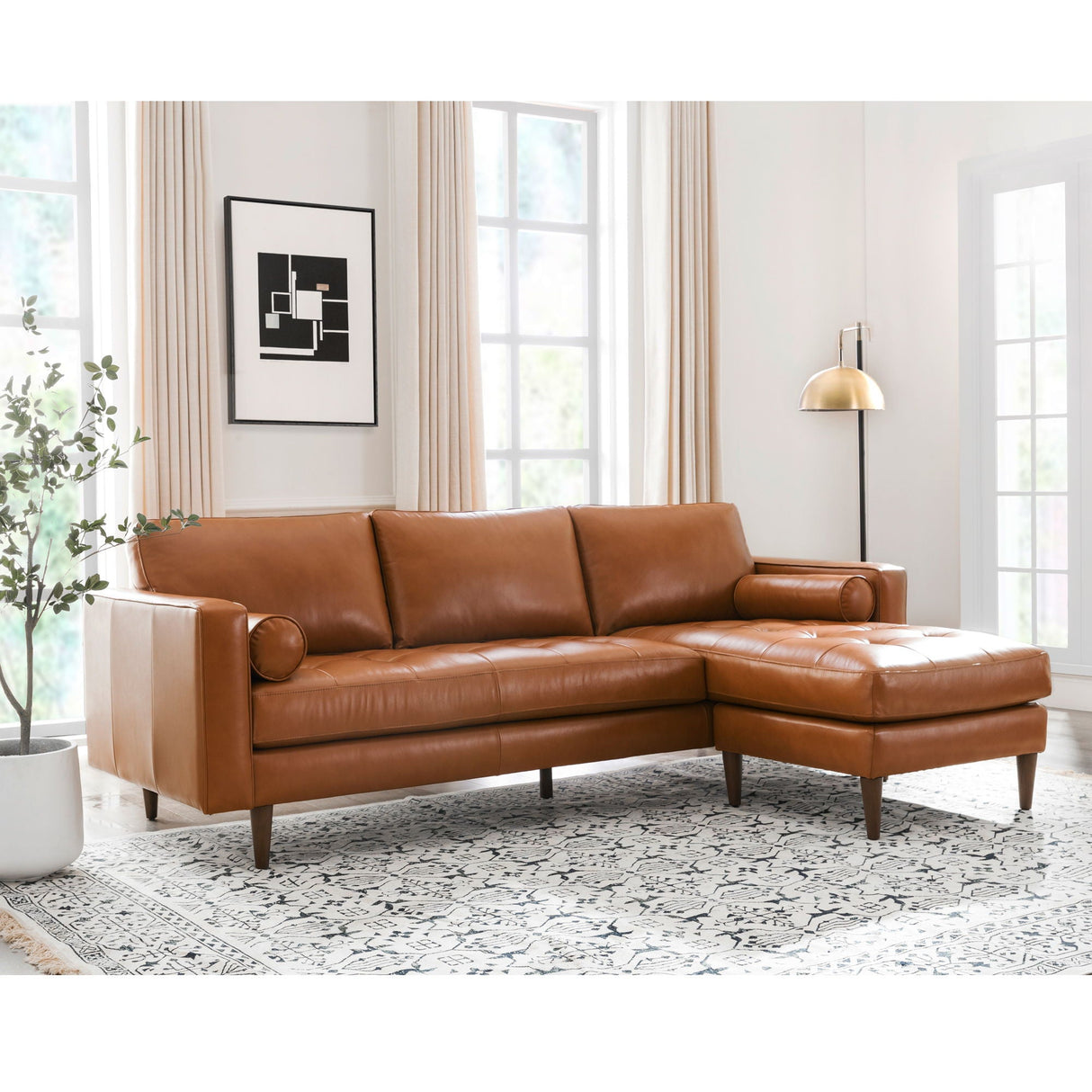 Mid-Century Tufted Leather Sectional With Reversible Chaise by Couch.com