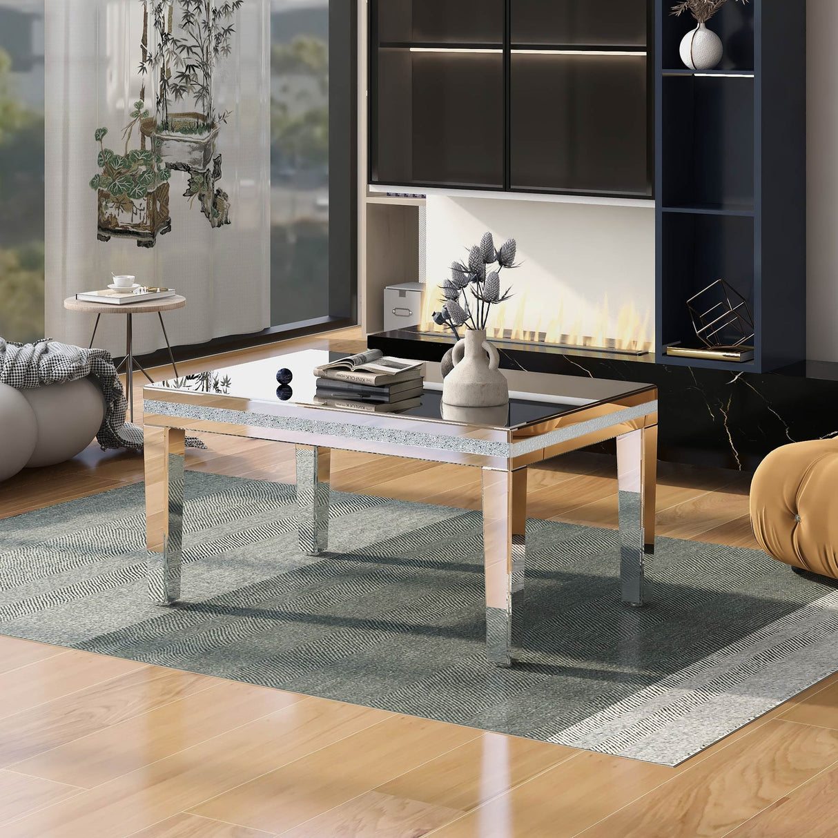 Fashionable Modern Glass MirroredTable With Crystal Design And Adjustable Height Legs by Couch.com