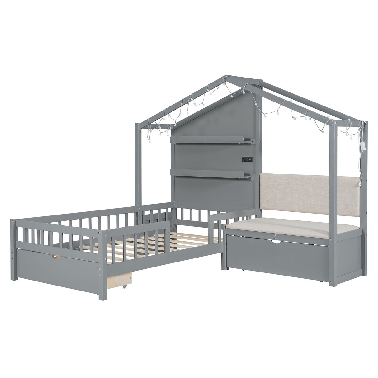 House Bed With Upholstered Sofa, Wireless Charging Station, Shelves And 2 Drawers by Couch.com