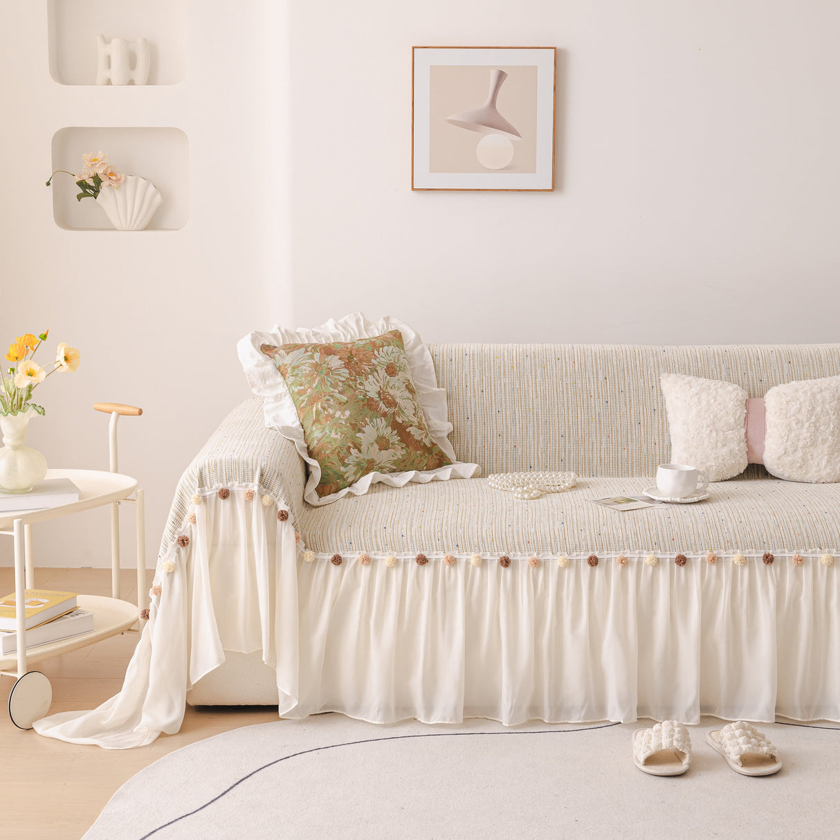 Boho Couch Cover with Knitted Stripes, Chiffon Skirt & Pom Fringe, Pet-Friendly Throw