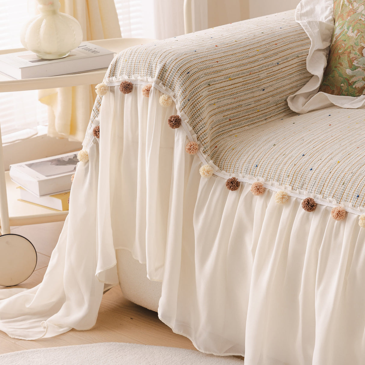 Boho Couch Cover with Knitted Stripes, Chiffon Skirt & Pom Fringe, Pet-Friendly Throw