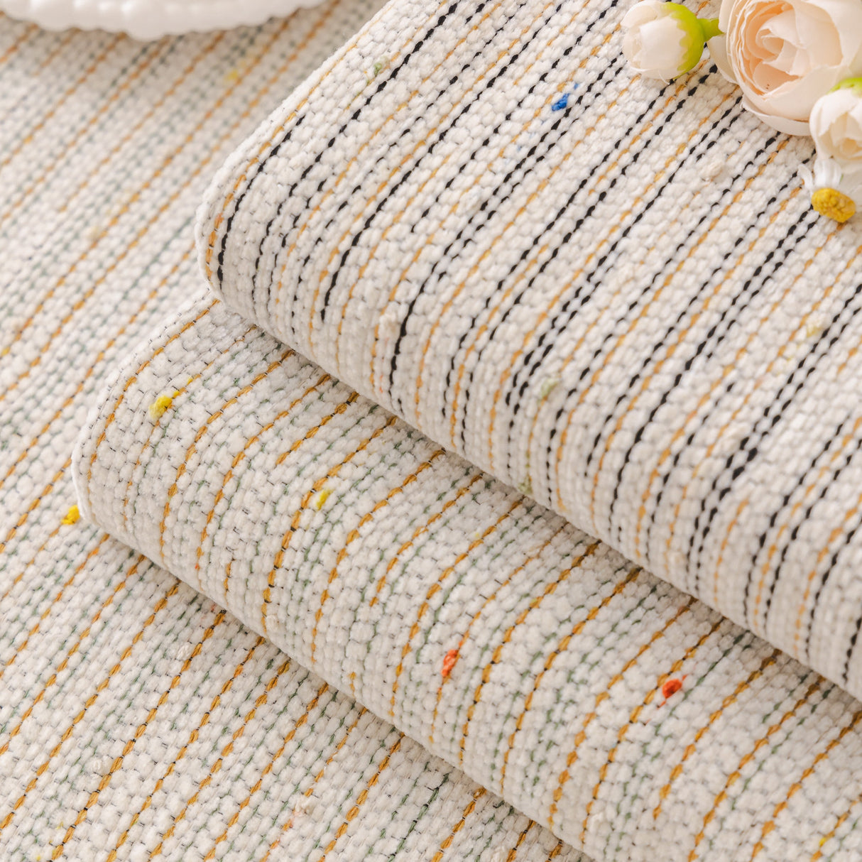 Boho Couch Cover with Knitted Stripes, Chiffon Skirt & Pom Fringe, Pet-Friendly Throw