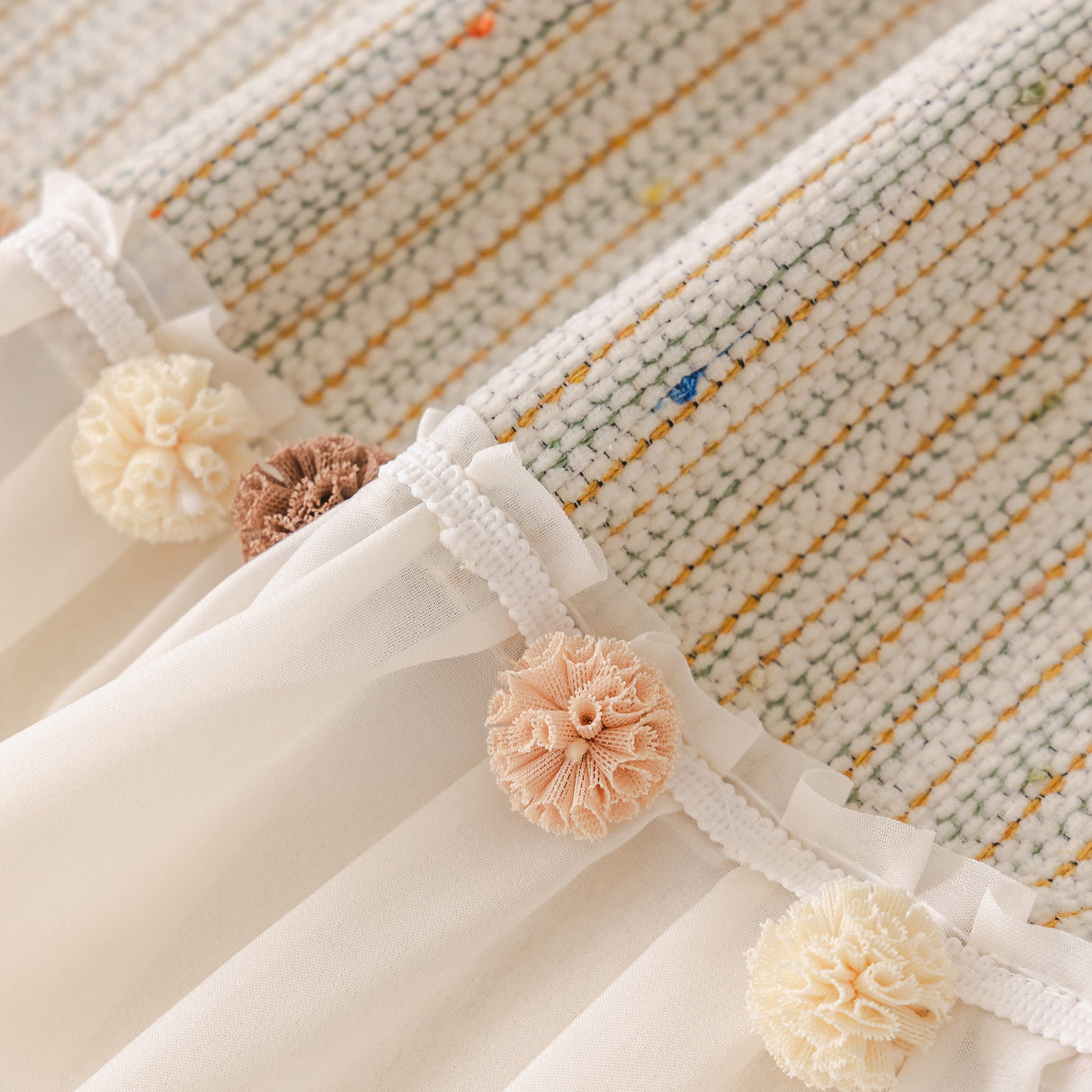 Boho Couch Cover with Knitted Stripes, Chiffon Skirt & Pom Fringe, Pet-Friendly Throw