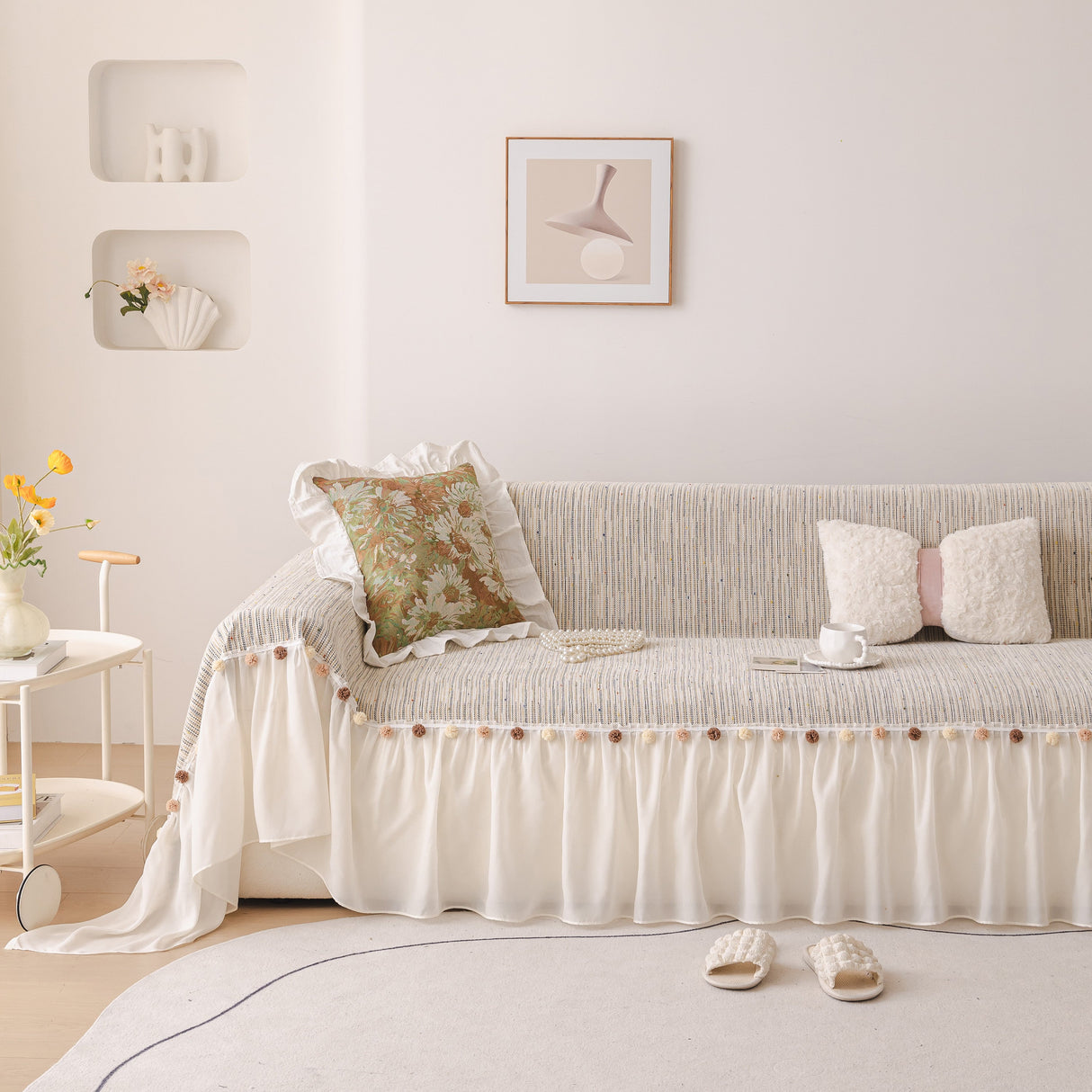 Boho Couch Cover with Knitted Stripes, Chiffon Skirt & Pom Fringe, Pet-Friendly Throw