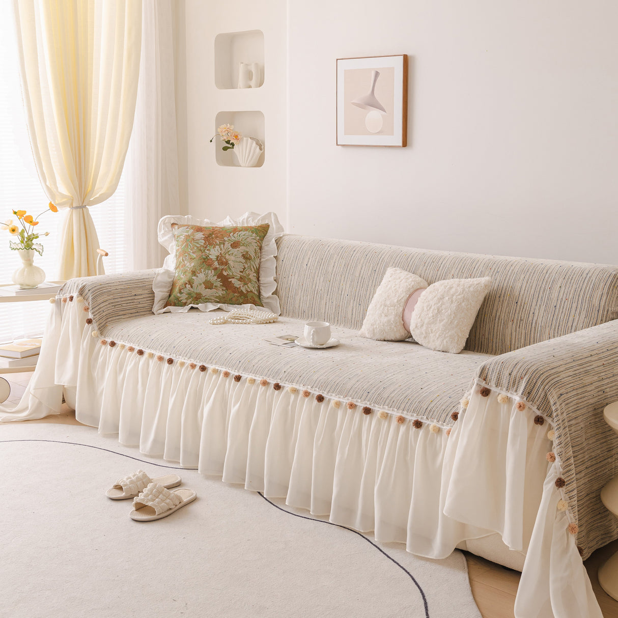 Boho Couch Cover with Knitted Stripes, Chiffon Skirt & Pom Fringe, Pet-Friendly Throw