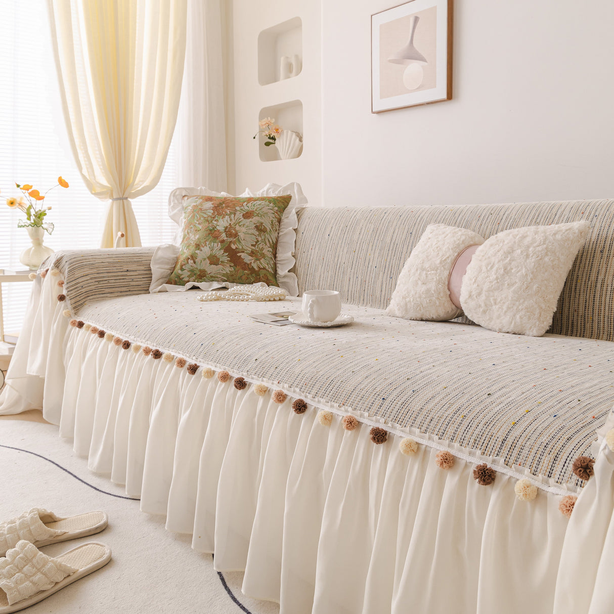 Boho Couch Cover with Knitted Stripes, Chiffon Skirt & Pom Fringe, Pet-Friendly Throw